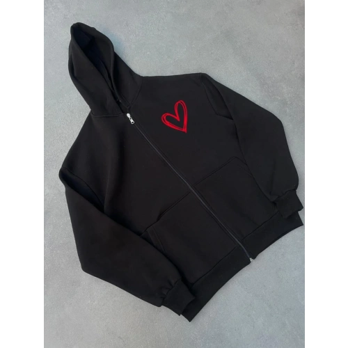 Üç İplik Baskılı Fermuarlı Kapşonlu Hırka - Siyah