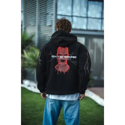 Üç İplik Kapüşonlu Baskılı Oversize SweatShirt- Siyah