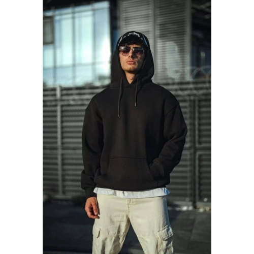 Üç İplik Penye Kapşonlu Basic SweatShirt - Siyah