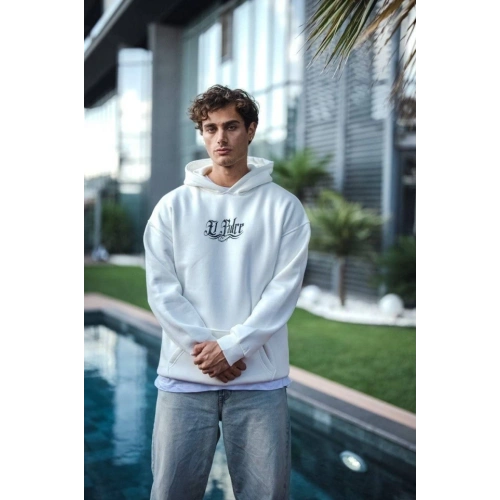 Üç İplik Penye Kapşonlu Baskılı SweatShirt - Beyaz