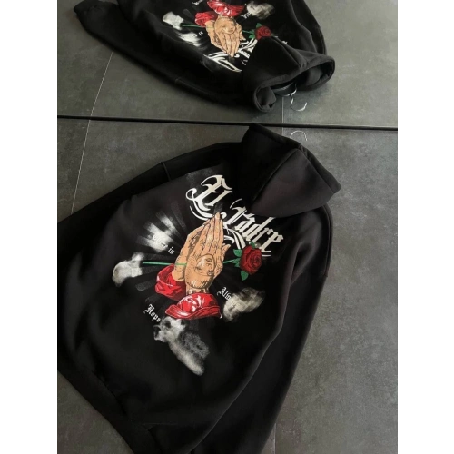 Üç İplik Penye Uzun Kol Kapşonlu Baskılı SweatShirt - Siyah