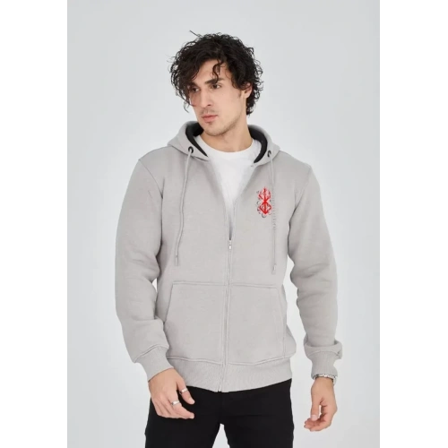 Unisex Baskılı Tam Fermuarlı Kapşonlu SweatShirt - Boyalı Gri
