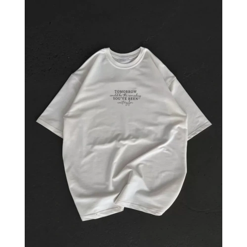 Unisex Bisiklet Yaka Baskılı Oversize T-Shirt - Beyaz