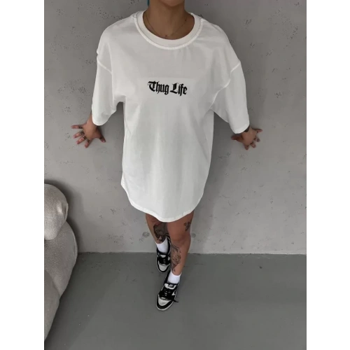 Unisex Bisiklet Yaka Baskılı Oversize T-Shirt - Beyaz