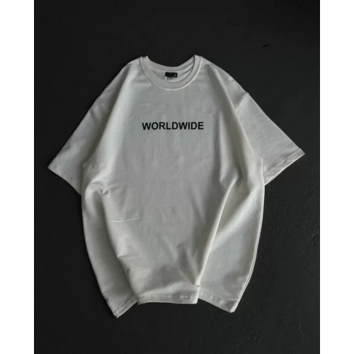 Unisex Bisiklet Yaka Baskılı Oversize T-Shirt - Beyaz