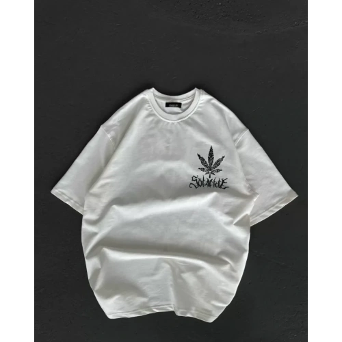 Unisex Bisiklet Yaka Baskılı Oversize T-Shirt - Beyaz