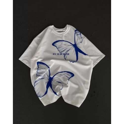 Unisex Bisiklet Yaka Baskılı Oversize T-Shirt - Beyaz
