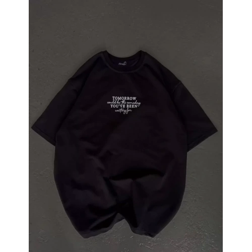Unisex Bisiklet Yaka Baskılı Oversize T-Shirt - Siyah