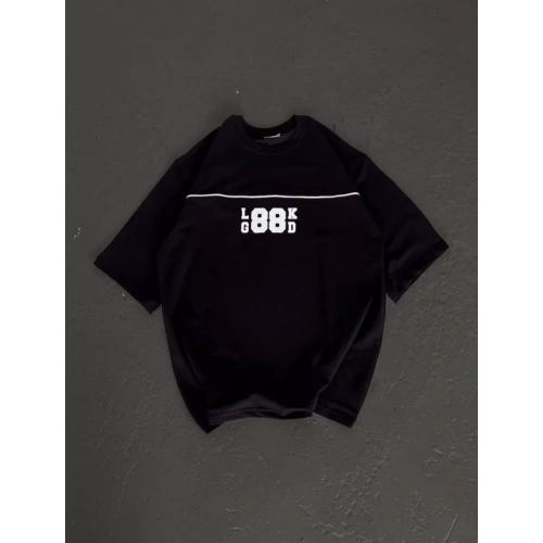 Unisex Bisiklet Yaka Baskılı Oversize T-Shirt - Siyah