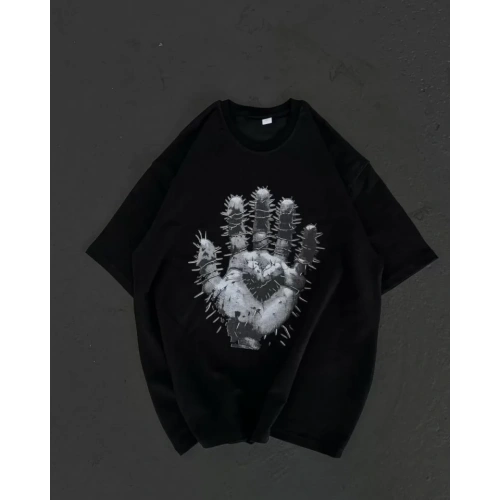 Unisex Bisiklet Yaka Baskılı Oversize T-Shirt - Siyah