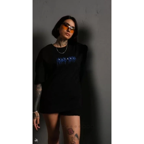 Unisex Bisiklet Yaka Baskılı Oversize T-Shirt - Siyah