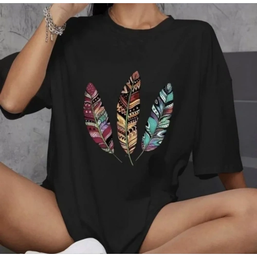 Unisex Bisiklet Yaka Baskılı Oversize T-Shirt - Siyah