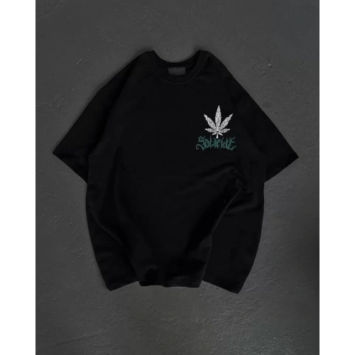Unisex Bisiklet Yaka Baskılı Oversize T-Shirt - Siyah