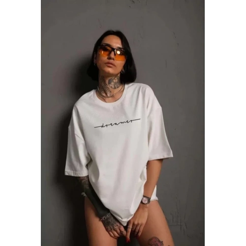 Unisex Bisiklet Yaka Baskılı T-Shirt - Beyaz