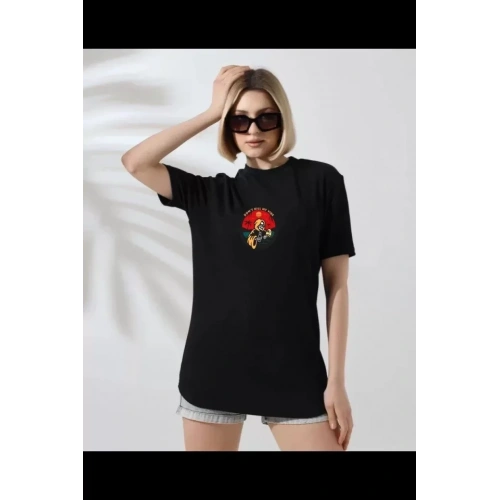 Unisex Bisiklet Yaka Baskılı T-Shirt - Siyah