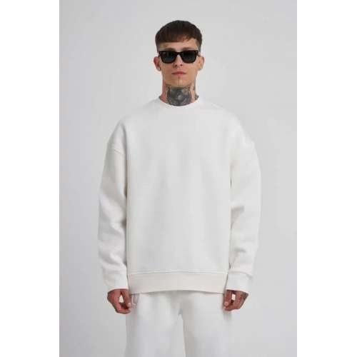 Unisex Biskilet Yaka Üç İplik SweatShirt - Beyaz