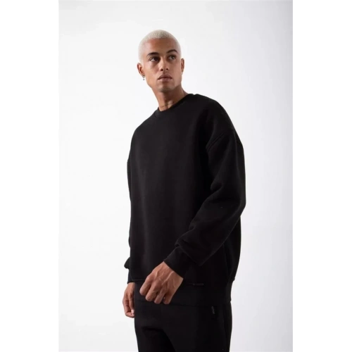 Unisex Biskilet Yaka Üç İplik SweatShirt - Siyah