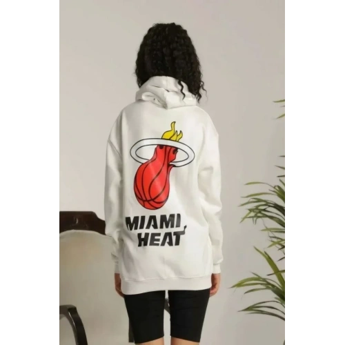 Unisex Kapşonlu Baskılı Sweetshirt - Beyaz