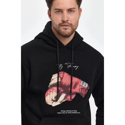 Unisex Kapüşonlu Üç İplik Oversize Baskılı Sweatshirt - Siyah