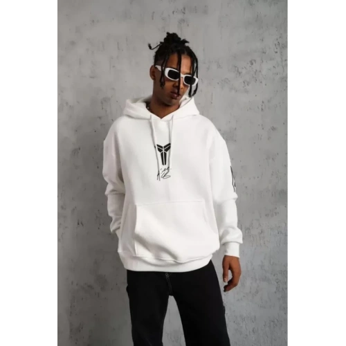 Unisex Sırt Baskılı Kapüşonlu Üç İplik Oversize Sweatshirt - Beyaz