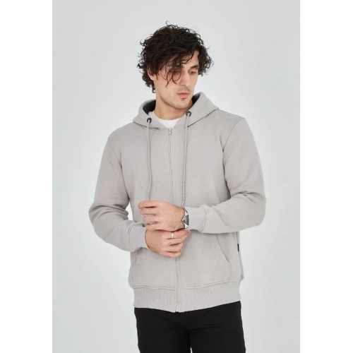 Unisex Tam Fermuarlı Kapşonlu  SweatShirt - Boyalı Gri