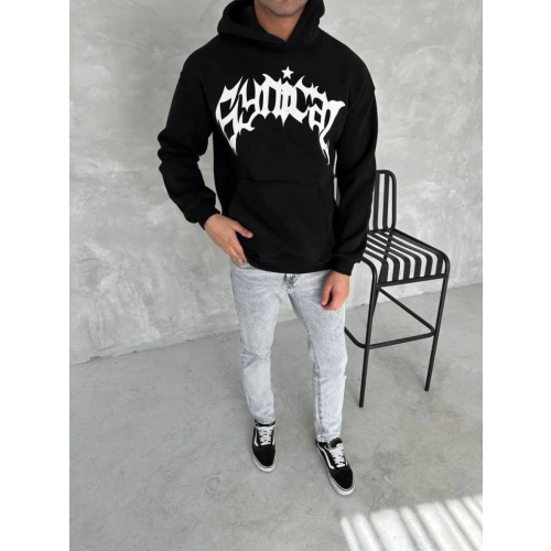 Unisex Üç İplik Kapşonlu Baskılı SweatShirt - Siyah