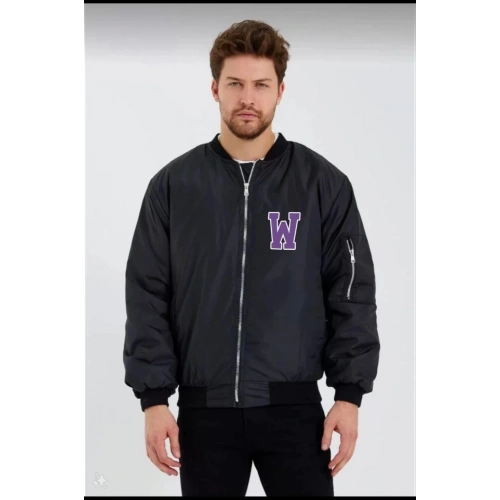 Unisex Uzun Kol Baskılı Bomber Ceket - Siyah