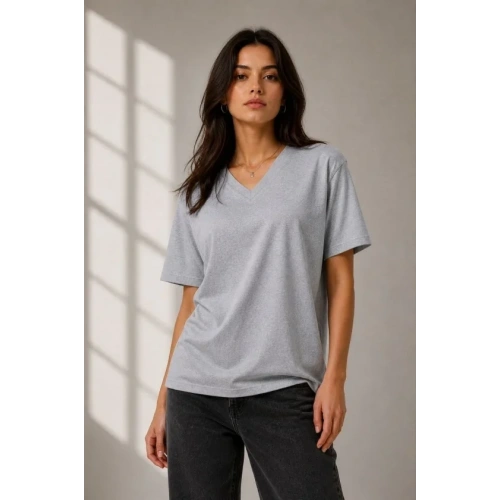 V Yaka Basic Tişört Kısa Kol Yazlık Regular Fit T-Shirt - Gri