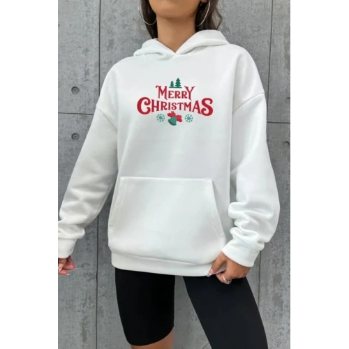 Yılbaşı Merry Christmas Baskılı Oversize Kapüşonlu Sweatshirt Hoodie - Beyaz