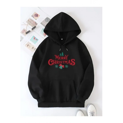 Yılbaşı Merry Christmas Baskılı Oversize Kapüşonlu Sweatshirt Hoodie - Siyah
