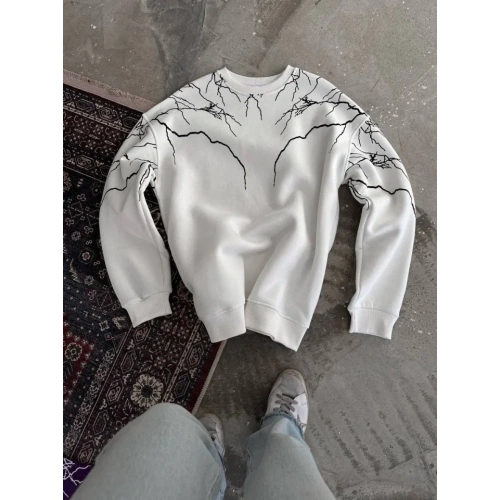 Yıldırım Baskılı Bisiklet Yaka SweatShirt - Beyaz