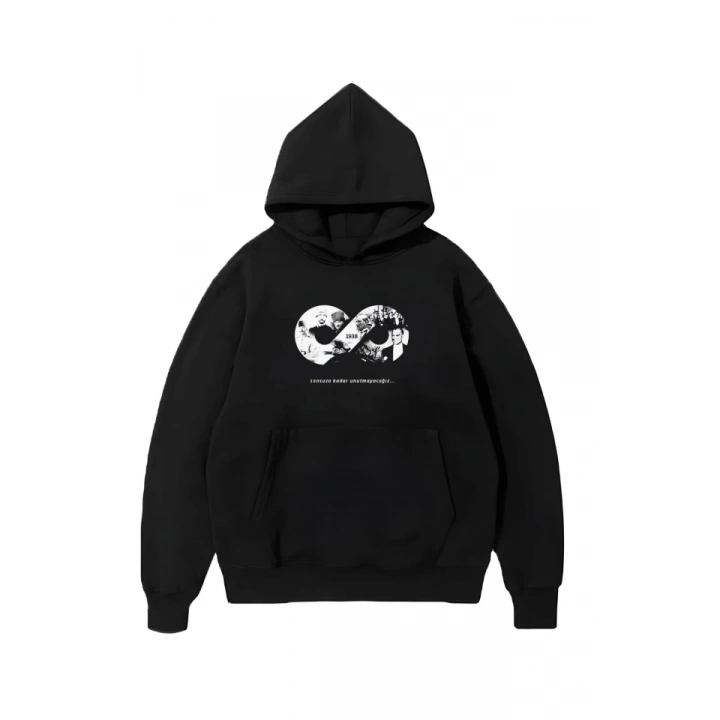 10 Kasıma Özel Üç İplik Kapşonlu Baskılı SweatShirt - Siyah