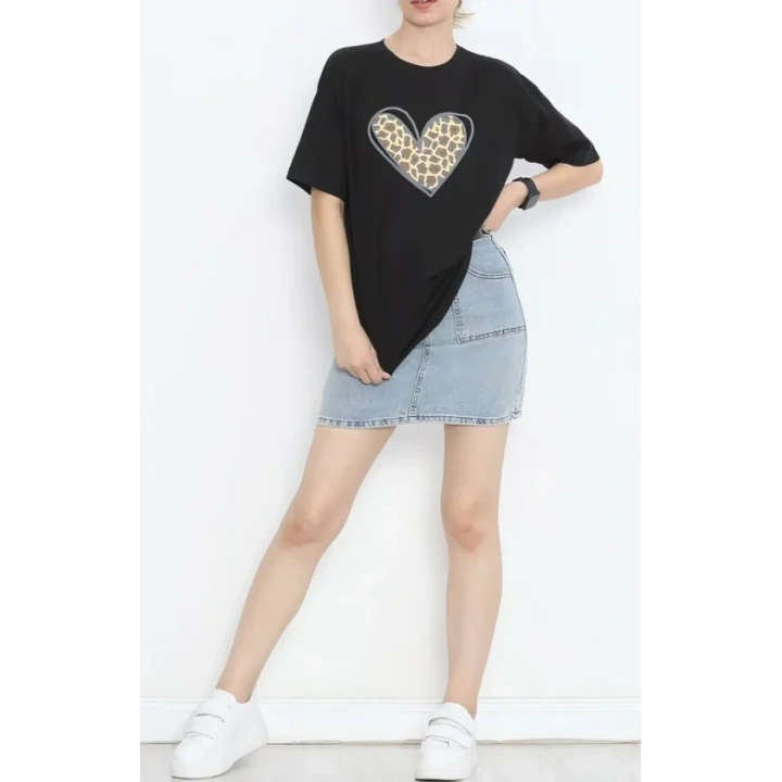 14 Şubat Sevgililer Günü Leopar Kalp Baskılı Oversize Bisiklet Yaka T-shirt - Siyah