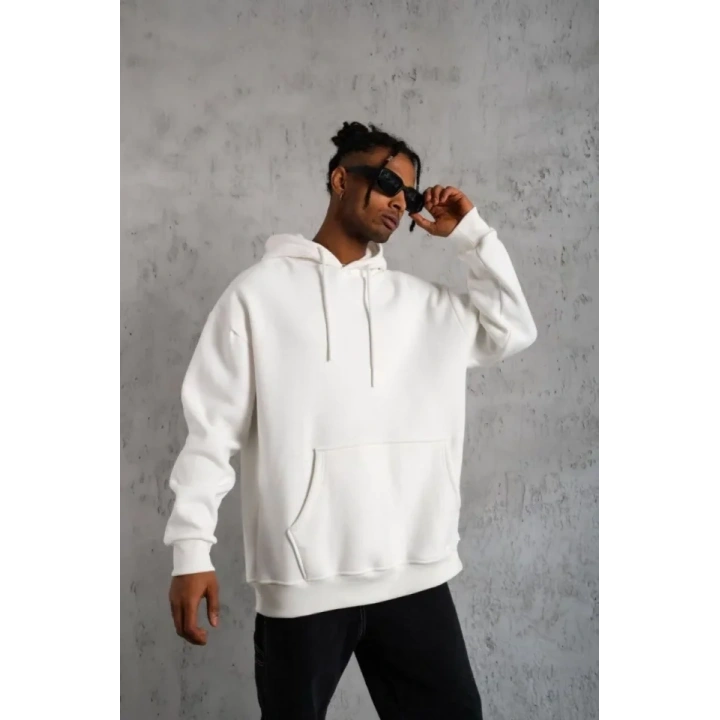 3 İplik Kapşonlu Sweatshirt Hoodie - Beyaz