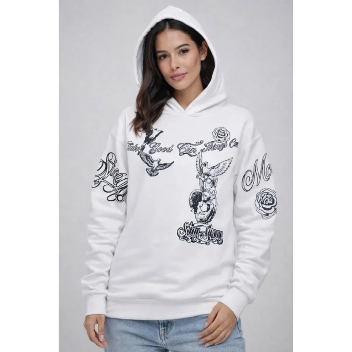 3 İplik Pamuklu Kapüşonlu Baskılı SweatShirt Hoodie - Beyaz