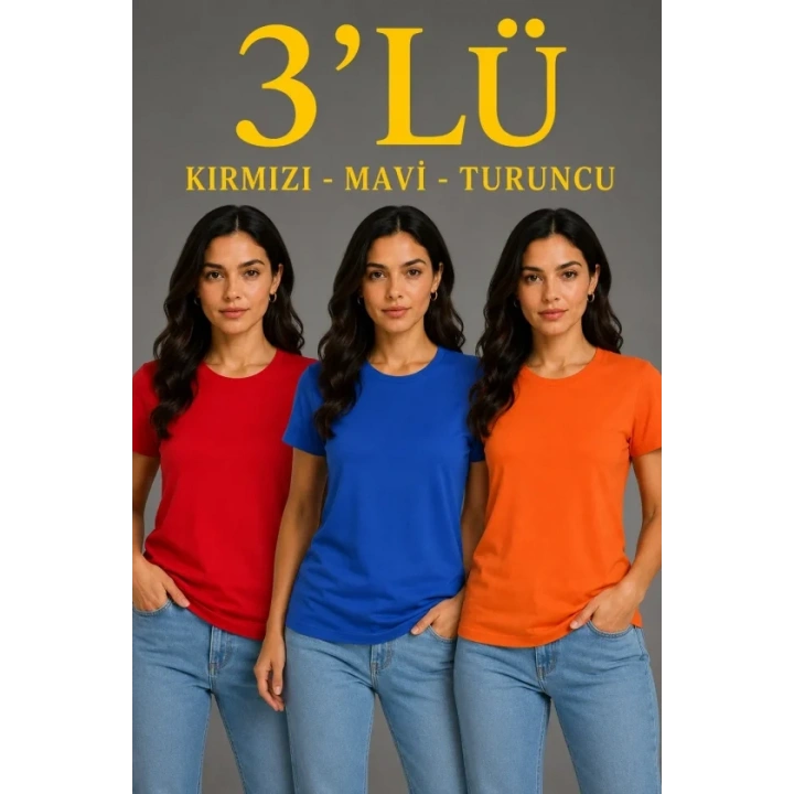 3’lü Kısa Kollu Bisiklet Yaka Basic Slim Fit T-Shirt - Kırmızı - Mavi - Turuncu