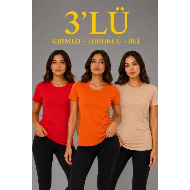 3’lü Kısa Kollu Bisiklet Yaka Basic Slim Fit T-Shirt - Kırmızı - Turuncu - Bej