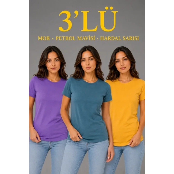3’lü Kısa Kollu Bisiklet Yaka Basic Slim Fit T-Shirt - Mor - Petrol Mavisi - Hardal