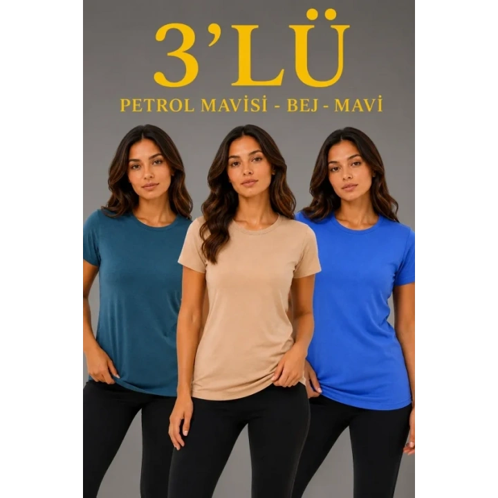 3’lü Kısa Kollu Bisiklet Yaka Basic Slim Fit T-Shirt -Petrol Mavisi  - Bej - Mavi