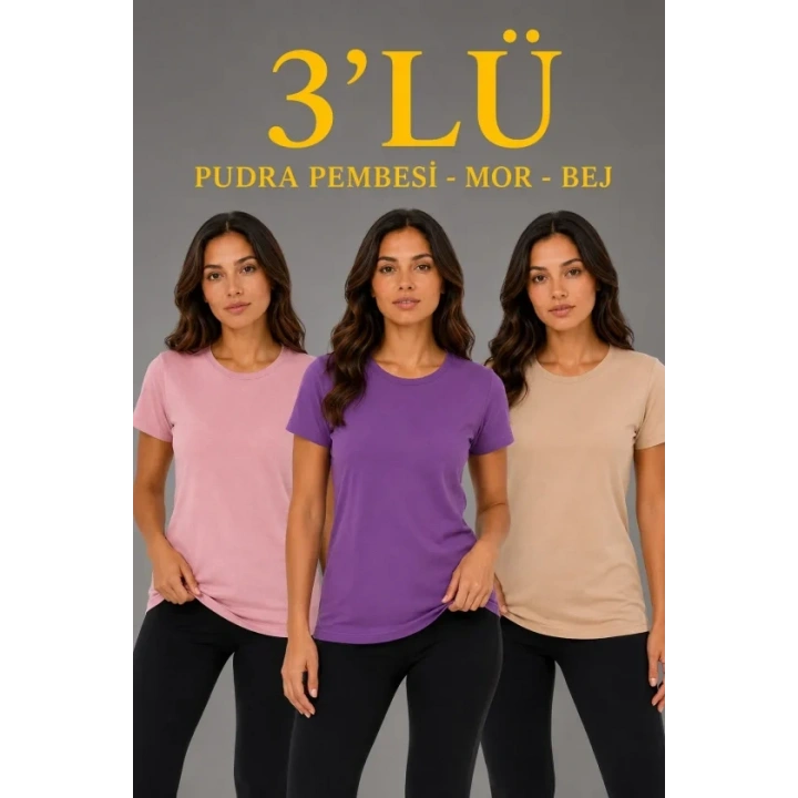 3’lü Kısa Kollu Bisiklet Yaka Basic Slim Fit T-Shirt - Pudra Pembe - Mor - Bej