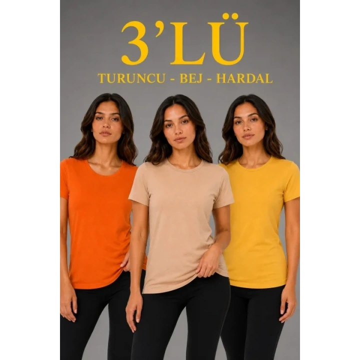 3’lü Kısa Kollu Bisiklet Yaka Basic Slim Fit T-Shirt - Turuncu - Bej - Hardal
