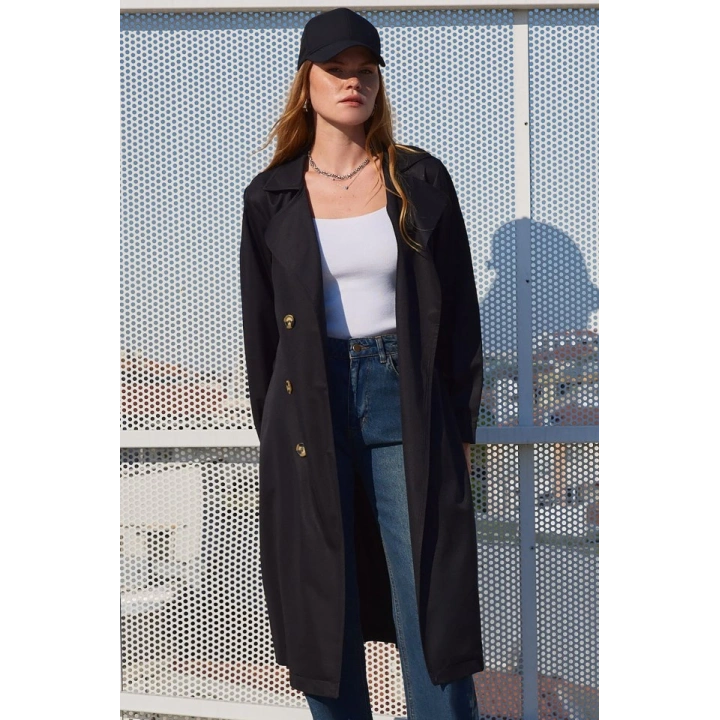 5853 Kruvaze Yaka Trençkot - Siyah