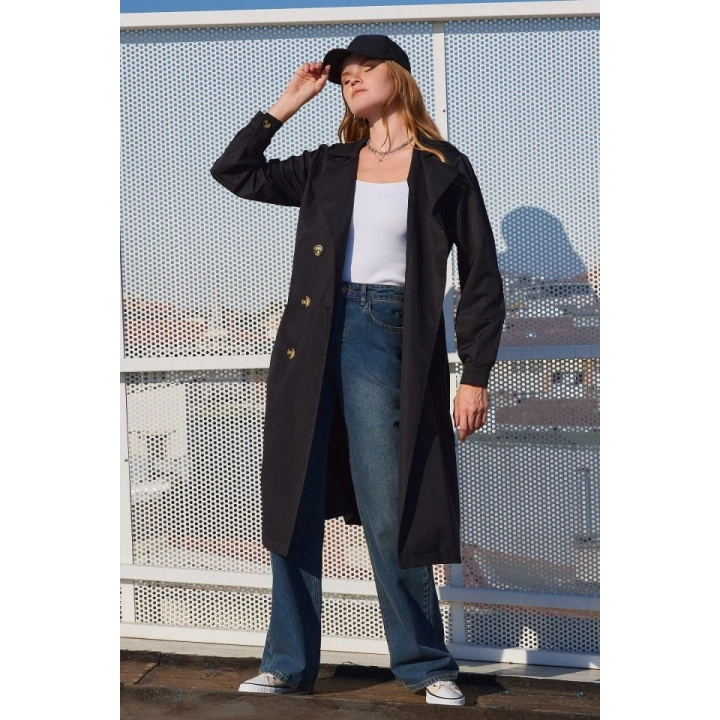 5853 Kruvaze Yaka Trençkot - Siyah