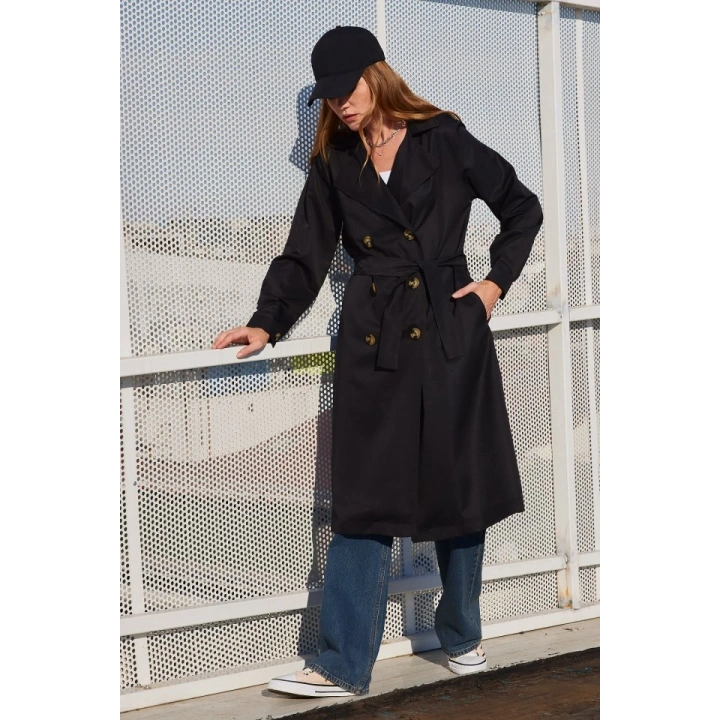 5853 Kruvaze Yaka Trençkot - Siyah