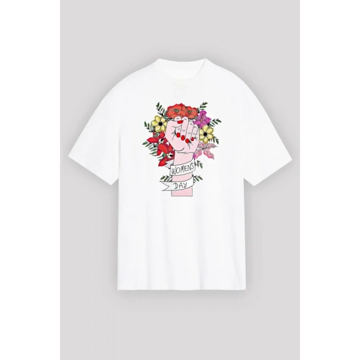 8 Mart Dünya Kadınlar Günü Baskılı Oversize Bisiklet Yaka T-shirt - Beyaz