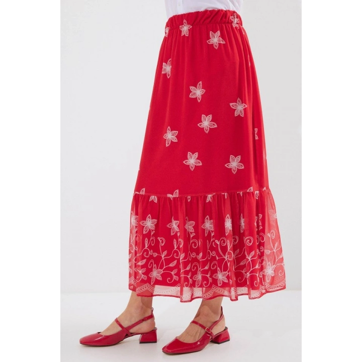 8010 Desenli Şifon Etek - A.Kırmızı