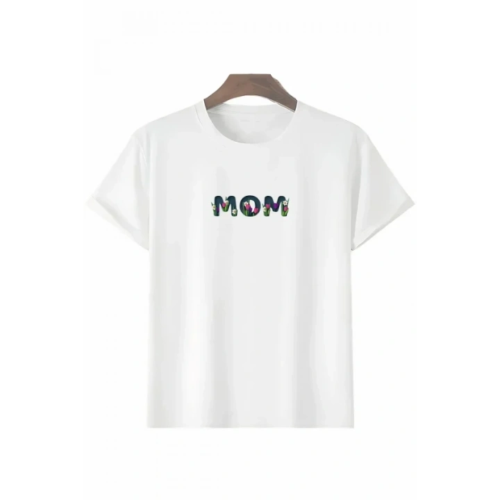 Anneler Günü Hediye Mom Çiçek Baskılı Oversize Bisiklet Yaka T-shirt - Beyaz