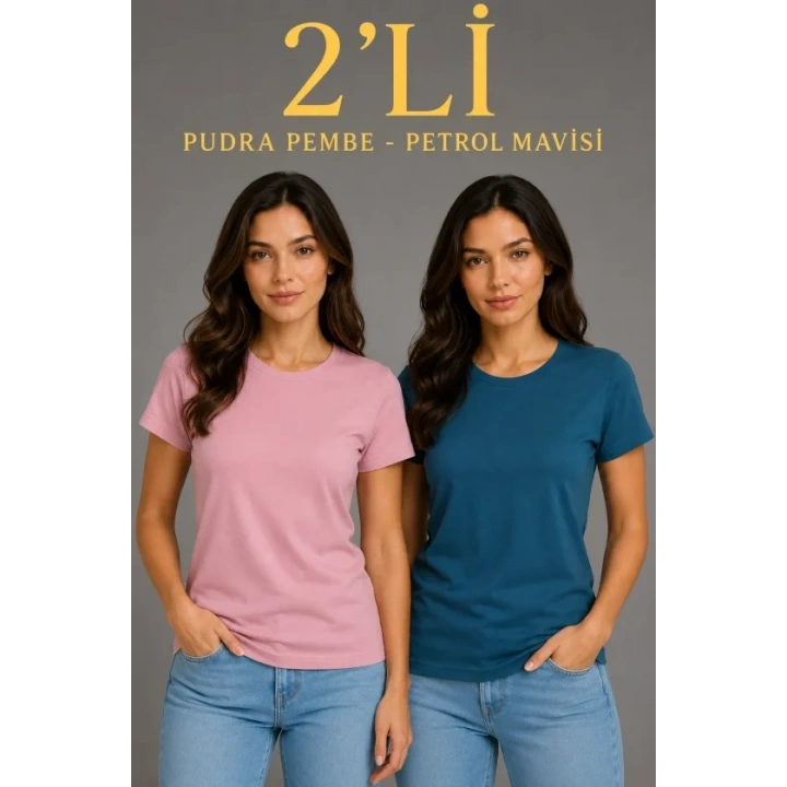Basic Bisiklet Yaka Yazlık Slim Fit T-Shirt - Pudra Pembe - Petrol Mavi