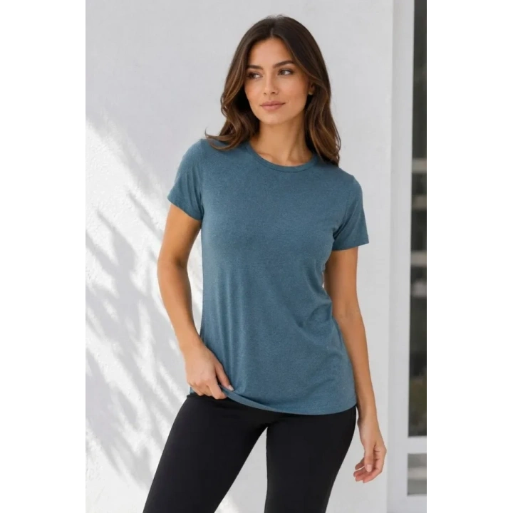 Basic Bisiklet Yaka Yazlık Slim Fit T-Shirt - Pudra Pembe - Petrol Mavi