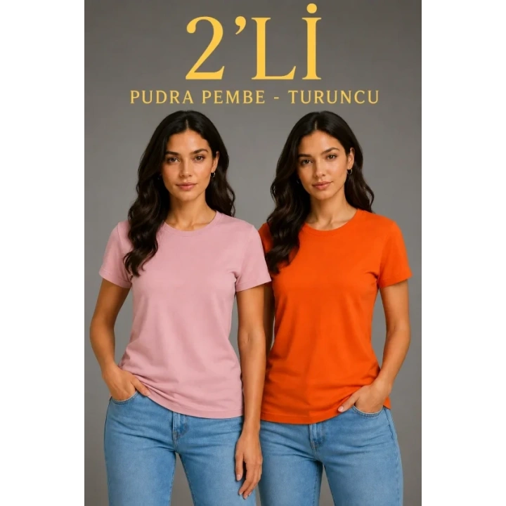 Basic Bisiklet Yaka Yazlık Slim Fit T-Shirt - Pudra Pembe - Turuncu